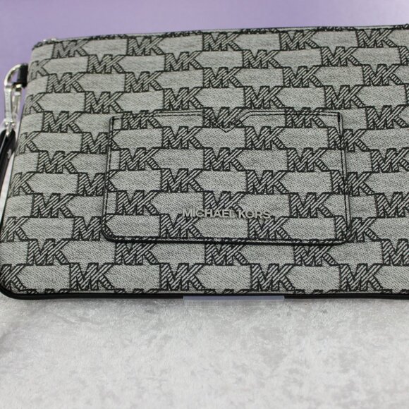 Michael Kors Logo Print Wristlet Clutch Pouch – Grey/Black Monogram MK Zip Bag - Picture 1 of 9